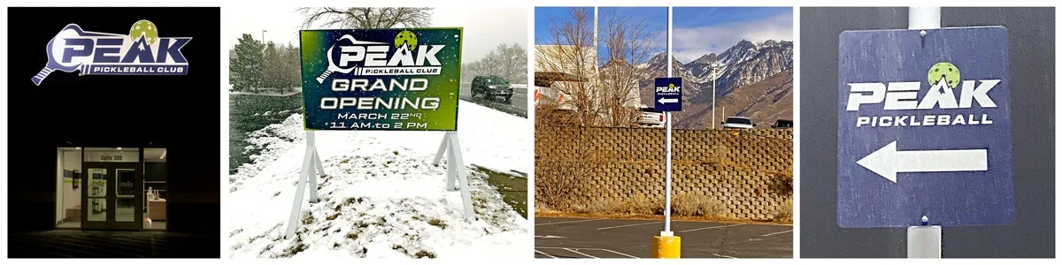 A collage of the lit up exterior cabinet sign, the Grand Opening post and panel sign, and the interior and exterior wayfinding sign.